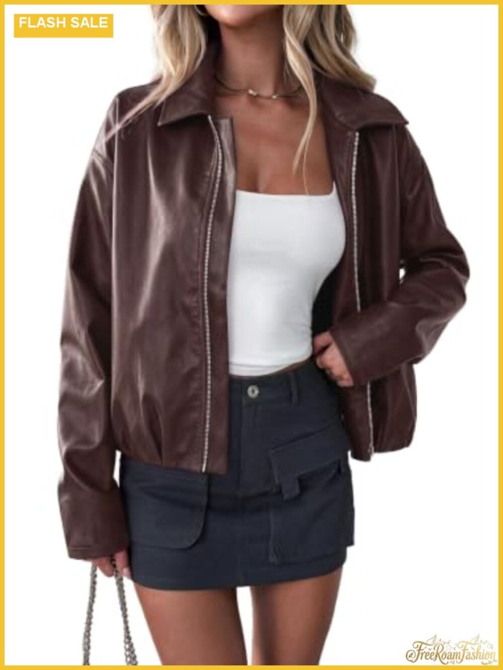 Faux Leather Moto Jacket Womens Cropped Zip Up Fall Lightweight Coat